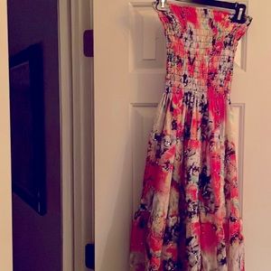 No title, summer dress strapless, M, polyester, orange multi color with sparkle